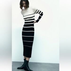 Zara Striped Black and White Knit Mock Neck Dress